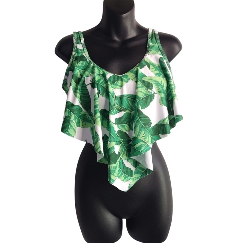 Coskaka Women's Green White Leaves Print Bikini Swim Suit Top Size M NWT